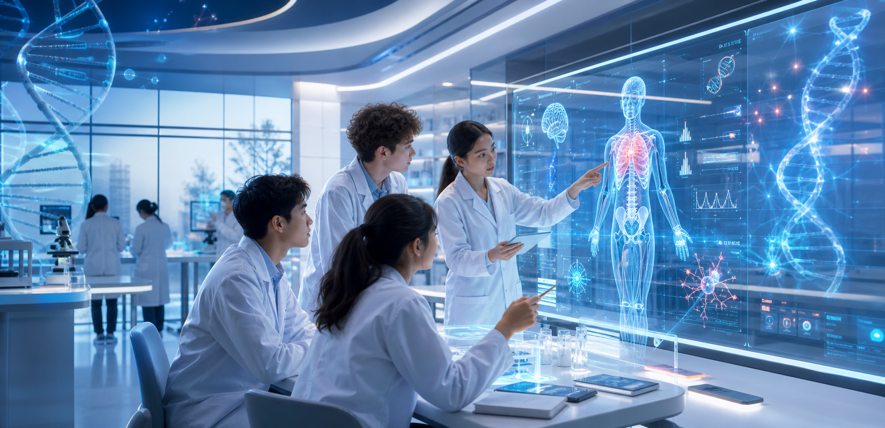 Futuristic medical AI learning lab background